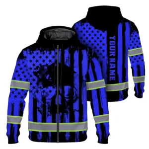 Hi Vis Zip Hoodie Reflective Skull Blue Neon US Flag Custom Name Safety Workwear