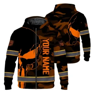 Hi Vis Zip Hoodie Reflective Skull Orange Camo Neon US Flag Custom Name Safety Workwear
