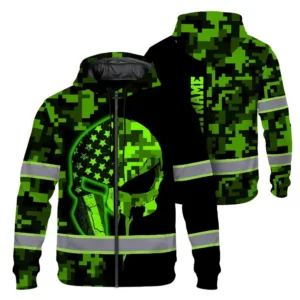 Hi Vis Zip Hoodie Reflective Skull US Flag Camo Neon 2 Custom Name Safety Workwear