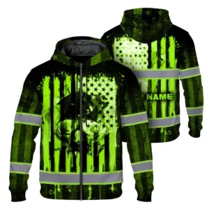 Hi Vis Zip Hoodie Reflective Skull USA Flag Green Neon Safety Workwear Custom Name