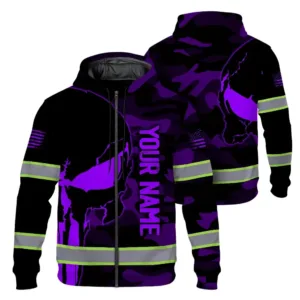 Hi Vis Zip Hoodie Reflective Skull Violet Camo Neon US Flag Custom Name Safety Workwear