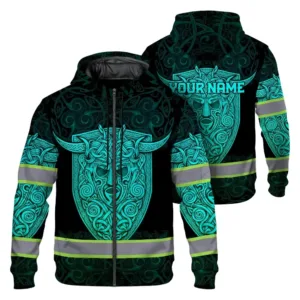 Hi Vis Zip Hoodie Reflective Tapes Black Blue Neon Viking Custom Name Safety Workwear For Workers, Runners, Cyclists