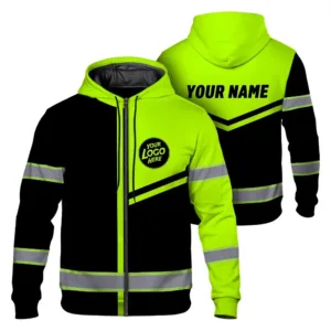 Hi Vis Zip Hoodie Reflective Tapes Black Green Neon Custom Name For Cyclists, Patriotic
