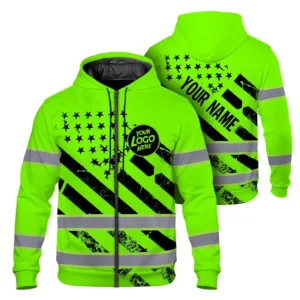 Hi Vis Zip Hoodie Reflective Tapes Black Green USA Flag Custom Name And Logo Safety Workwear