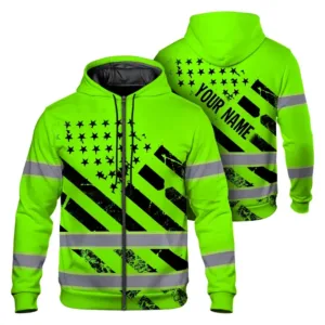 Hi Vis Zip Hoodie Reflective Tapes Black Green USA Flag Safety Workwear
