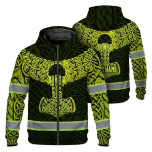 Hi Vis Zip Hoodie Reflective Tapes Black Lime Neon Viking Custom Name Safety Workwear For Workers, Runners, Cyclists
