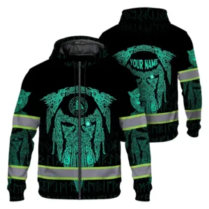 Hi Vis Zip Hoodie Reflective Tapes Black Lime Neon Viking Custom Name Safety Workwear For Workers, Runners, Cyclists