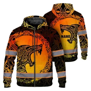 Hi Vis Zip Hoodie Reflective Tapes Black Orange Gradient Neon Viking Custom Name Safety Workwear For Workers, Runners, Cyclists