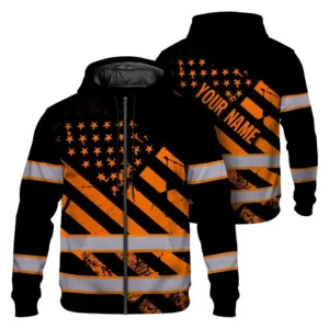 Hi Vis Zip Hoodie Reflective Tapes Black Orange USA Flag Safety Workwear For Runners, Cyclists, Patriotic