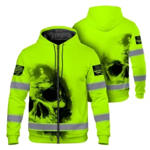 Hi Vis Zip Hoodie Reflective Tapes Black Skull US Flag Safety Workwear For Skull Lover
