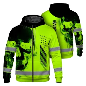 Hi Vis Zip Hoodie Reflective Tapes Black Skull USA Flag Custom Name For Skull Lover