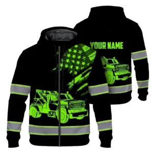 Hi Vis Zip Hoodie Reflective Tapes Black Tow Truck Driver Custom Name Safety Workwear