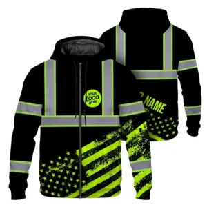 Hi Vis Zip Hoodie Reflective Tapes Black USA Flag Custom Name And Logo Safety Workwear