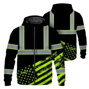 Hi Vis Zip Hoodie Reflective Tapes Black USA Flag Custom Name Safety Workwear