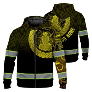 Hi Vis Zip Hoodie Reflective Tapes Black Yellow Neon Viking Custom Name Safety Workwear For Workers, Runners, Cyclists