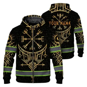 Hi Vis Zip Hoodie Reflective Tapes Black Yellow Neon Viking Custom Name Safety Workwear For Workers, Runners, Cyclists