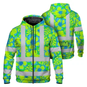 Hi Vis Zip Hoodie Reflective Tapes Blue Neon And Green Flowers Custom Name Safety Workwear For Workers, Truckers, Operators