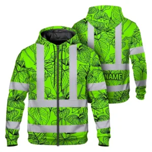 Hi Vis Zip Hoodie Reflective Tapes Blue Neon Flowers Custom Name Safety Workwear For Workers, Truckers, Operators
