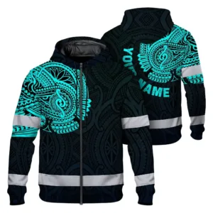 Hi Vis Zip Hoodie Reflective Tapes Blue Neon Hawaii 2 Custom Name Safety Workwear For Workers, Truckers, Operators