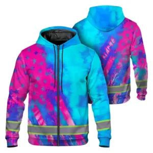 Hi Vis Zip Hoodie Reflective Tapes Blue Pink Flag Custom Name