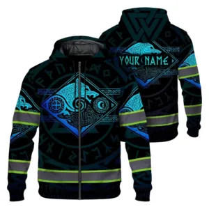 Hi Vis Zip Hoodie Reflective Tapes Gradient Blue Neon Viking Custom Name Safety Workwear For Workers, Runners, Cyclists