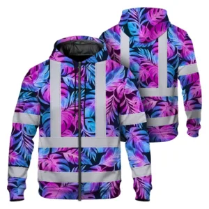 Hi Vis Zip Hoodie Reflective Tapes Gradient Blue Violet Custom Name Safety Workwear For Workers, Truckers, Operators