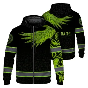 Hi Vis Zip Hoodie Reflective Tapes Gradient Lime Neon Viking Custom Name Safety Workwear For Workers, Runners, Cyclists
