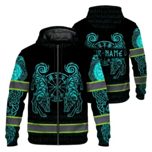 Hi Vis Zip Hoodie Reflective Tapes Gradient Mint Neon Viking 2 Custom Name Safety Workwear For Workers, Runners, Cyclists