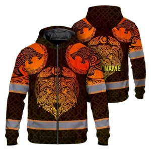 Hi Vis Zip Hoodie Reflective Tapes Gradient Orange And Yellow Neon Viking Custom Name Safety Workwear For Workers, Runners, Cyclists