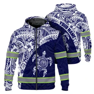 Hi Vis Zip Hoodie Reflective Tapes Gradient Turtle Hawaiian Polynesian Tribal Custom Name