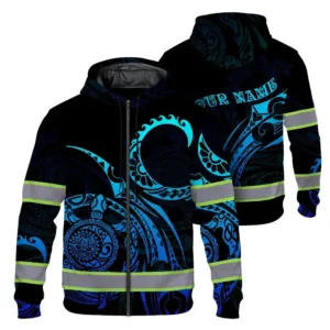Hi Vis Zip Hoodie Reflective Tapes Gradient Turtle Hawaiian Polynesian Tribal Custom Name