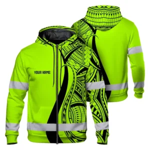 Hi Vis Zip Hoodie Reflective Tapes Green And Black Neon Hawaii Custom Name Safety Workwear For Workers, Truckers, Operators