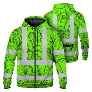 Hi Vis Zip Hoodie Reflective Tapes Green Black Neon Flowers Custom Name Safety Workwear For Workers, Truckers, Operators