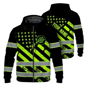 Hi Vis Zip Hoodie Reflective Tapes Green Black USA Flag Custom Name And Logo Safety Workwear