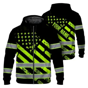 Hi Vis Zip Hoodie Reflective Tapes Green Black USA Flag Safety Workwear For Patriotic