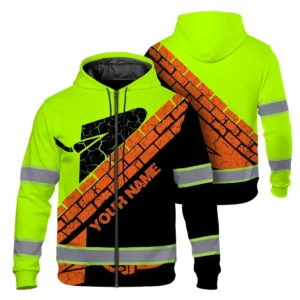 Hi Vis Zip Hoodie Reflective Tapes Green Bricklayer Custom Name Safety Workwear