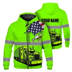 Hi Vis Zip Hoodie Reflective Tapes Green Gradient Semi Truck Driver Custom Name