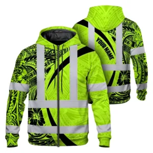 Hi Vis Zip Hoodie Reflective Tapes Green Hawaiian Polynesian Tribal Custom Name Safety Workwear For Workers, Truckers, Operators