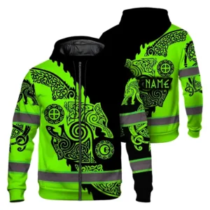 Hi Vis Zip Hoodie Reflective Tapes Green Neon And Black Viking Custom Name Safety Workwear For Workers, Runners, Cyclists