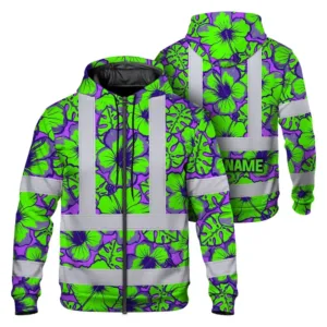 Hi Vis Zip Hoodie Reflective Tapes Green Neon And Violet Flowers Custom Name Safety Workwear For Workers, Truckers, Operators