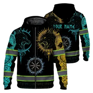 Hi Vis Zip Hoodie Reflective Tapes Green Neon And Yellow Viking Custom Name Safety Workwear For Workers, Runners, Cyclists