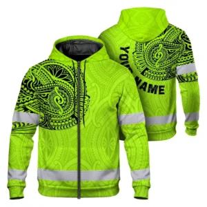 Hi Vis Zip Hoodie Reflective Tapes Green Neon Hawaii 2 Custom Name Safety Workwear For Workers, Truckers, Operators
