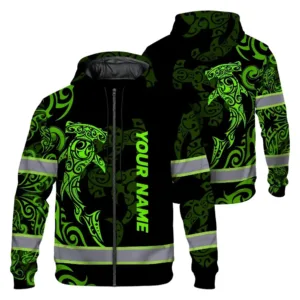 Hi Vis Zip Hoodie Reflective Tapes Green Neon Shark Hawaii Polynesian Custom Name Safety Workwear For Workers, Operator, Cyclists, Patriotic