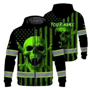 Hi Vis Zip Hoodie Reflective Tapes Green Neon Skull US Flag 2 Custom Name