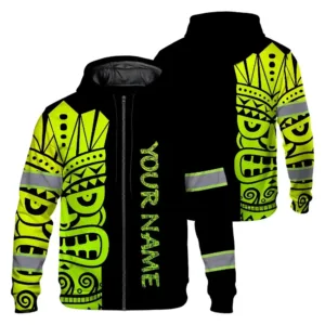 Hi Vis Zip Hoodie Reflective Tapes Green Neon Tiki Hawaii Polynesian Custom Name Safety Workwear For Workers, Operator, Cyclists, Patriotic