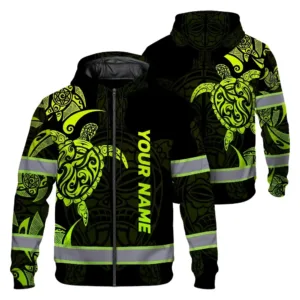 Hi Vis Zip Hoodie Reflective Tapes Green Neon Turtle Hawaii Polynesian Custom Name Safety Workwear For Workers, Operator, Cyclists, Patriotic