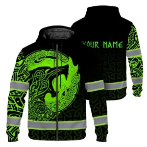 Hi Vis Zip Hoodie Reflective Tapes Green Neon Wolf Viking Custom Name Safety Workwear