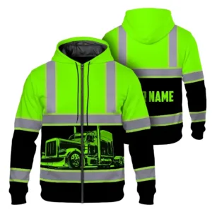 Hi Vis Zip Hoodie Reflective Tapes Green Semi Truck Driver Custom Name Safety Workwear