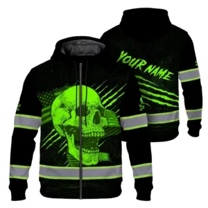 Hi Vis Zip Hoodie Reflective Tapes Green Skull And US Flag Custom Name