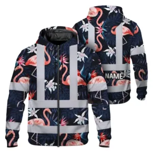 Hi Vis Zip Hoodie Reflective Tapes Hawaii Flamingo 2 Custom Name Safety Workwear For Workers, Truckers, Operators
